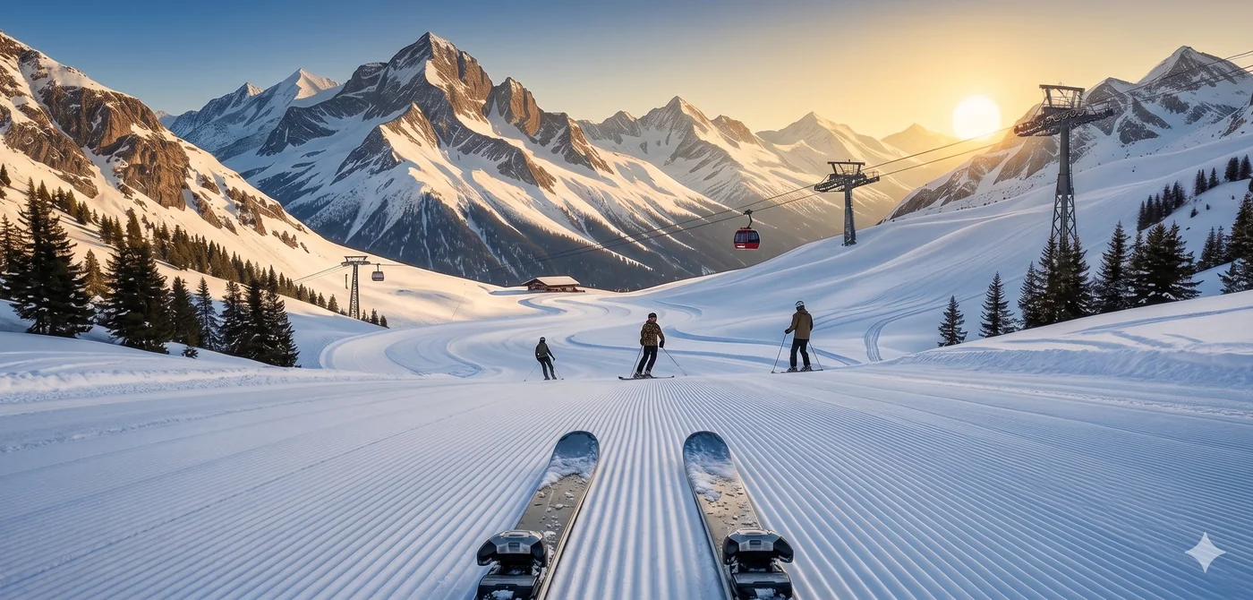 Skiing on fresh corduroy at sunset
